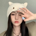 Cute cream-colored knitted cat ear beanie for women with minimalist cat face embroidery - Beige Bear Ear Style