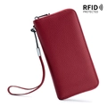 Red RFID blocking leather wallet for women with pebble grain texture and wrist strap - Burgundy