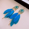 Détail de boucles d'oreilles bohèmes en plumes bleues avec résine turquoise et chaîne dorée - 12# Crochet Bleu Or