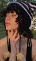 Hand-crocheted black and white striped cat ear beanie with yellow star pendants - Adult 56-59cm / Black White Star