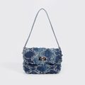 Tie-dye denim bucket bag in dark blue with distressed texture and metal lock - Shoulder Bag with Twist Lock / Denim Blue