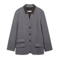 Grijze tweed blazer voor dames met bruine contrastrevers en enkelrijige knopen - XS / Grijs