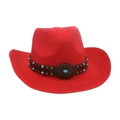 Chapeau de cowboy rouge tressé avec perles turquoise et bande en cuir cloutée de bronze - Rouge