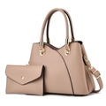 Ensemble sac cabas beige en cuir texturé avec pochette assortie et détails dorés - Khaki Clair