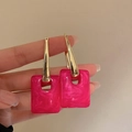 Vintage irregular lion head stud earrings with bright pink resin and gold-tone finish - 29# Ear Buckle - Rose Red Square Resin