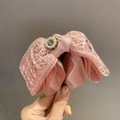Pink double-layer lace bow banana clip with elegant faux pearls and sparkling rhinestones - Pink Ponytail Clip