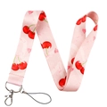 Pink lanyard with cherry and heart patterns featuring a durable metal swivel hook - Pink Heart Cherry
