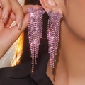 Luxurious long tassel earrings with sparkling pink rhinestones in a silver setting - Abstract Heart Tassel (KE036-F1)