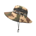 Detail of camouflage sun hat with breathable mesh, chin strap, and tactical lettering - M (56-58cm) / Large Camouflage Khaki
