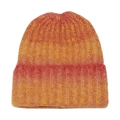Close-up of the fuzzy gradient orange knit texture and ribbed cuff on the winter beanie - M (56-58cm) / Orange Red Gradient