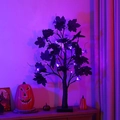 Halloween birch tree lamp with purple LED lights and black maple leaves on square base - Spider & Maple Leaf Black Tree / 24 Lights