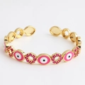 Adjustable golden open bangle featuring pink enamel evil eye charms and sparkling zircons - Oval Rose Red
