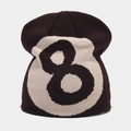 Detailed knit texture of a black 8-ball beanie with white embroidered number eight - M (56-58cm) / Beige + Coffee