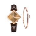 Montre carrée en or rose avec bracelet en cuir marron et bracelet assorti serti de diamants - Montre marron et bracelet