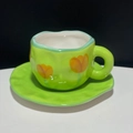 Irregular handmade ceramic coffee cup and saucer set with green finish and yellow tulips - 250ML / Green Tulip