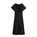 Elegant black satin V-neck midi dress with a shimmering finish and A-line silhouette - XS / Black