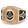 Goldener Freimaurer-Ring für Herren mit schwarzer Emaille, G-Symbol und Strasssteinen - US 7 / Gold
