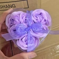 Detailed view of 6 purple heart-shaped soap rose flowers with a silk ribbon bow gift box - Light Purple