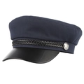 Retro navy baker boy hat with dark blue fabric and black leather brim for women - M (56-58cm) / Navy Blue