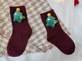Deep red knit Christmas socks featuring a plush green tree 3D ornament for kids - S(1-3 Years) / Red Xmas Tree