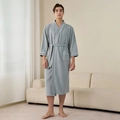 Men's light grey waffle knit bathrobe with white piping detail and matching waist belt - Light Green (Men)
