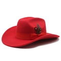 Close-up of red wool felt fedora with a satin ribbon bow and natural spotted feather detail - M (56-58cm) / Red