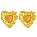 Lava texture golden heart stud earrings with amber cat-eye stone inlay for women - Irregular Lava Cat Eye Heart