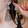 Silver multi-layered ethnic bell tassel earrings with vintage bohemian jhumka style - Antique Silver 4-Layer Jhumka Tassel (423)