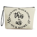 Trousse de maquillage en toile crème avec lettrage 'this is us' et dragonne noire - 17*25cm / Style 7: this is us