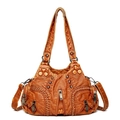 Retro brown PU leather handbag for women featuring rivets and woven stripes details - Brown