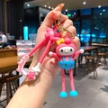 Pink My Melody silicone keychain featuring blue overalls and a Sakura charm pendant - Sakura My Melody (B471-2) / Single Piece
