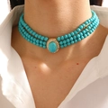 Collar de turquesas de tres capas con colgante ovalado de strass en el cuello de modelo - Collar Multicapa Turquesa (06 KC Oro Verde)