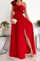 Detail des roten One-Shoulder-Kleides mit Rüschensaum und hohem Beinschlitz-Design - S / Rot