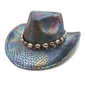 Iridescent snakeskin western cowboy hat with seashell band and curved brim for outdoor style - Black