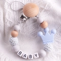 Silicone and beech wood baby pacifier clip with crochet beads and crown detail - Light Blue