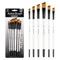 Set of 6 angular tip nylon artist paint brushes with white handles and black metal ferrules - Angled Tip Style