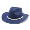 Détails d'un chapeau fedora en paille bleu foncé avec bandeau élégant en perles blanches - M (56-58cm) / Bleu marine