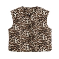 Close-up of leopard print cropped vest with round neck and black buttons on white background - S / Animal Print