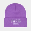 Detail view of purple knit beanie with white PARIS FRENCH embroidery on the cuffed brim - One Size / Purple