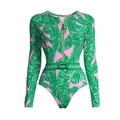Dettaglio del costume da surf rosa con foglie tropicali e cerniera lampo sulla parte frontale - S / Swimwear