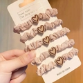 5-pack of nude pink scrunchies with dark coffee heart charm for elegant high ponytails - Heart Decor / Light Coffee Heart Hair Tie