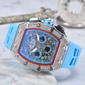 Tonneau quartz chronograph watch with full diamond setting and sky blue rubber strap - Light Blue Dial Silver Case Light Blue Strap