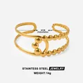 18k gold plated stainless steel open bangle featuring double-layer bead chain design - Gold Double Layer Beads