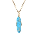 Detail view of handmade gold wire wrapped turquoise hexagonal prism pendant necklace - Blue Turquoise (with chain)