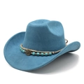 Detail of turquoise faux suede cowboy hat with braided rope and sun pattern bronze buckle - M (56-58cm) / Teal