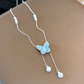 Collana vintage con ciondolo a farfalla in opale blu e perle su catena in metallo - Collana 29# - Argento - Blu