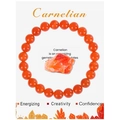 Macro detail of round carnelian bead bracelet with informative stone property card - Standard Beaded Style / Red Agate