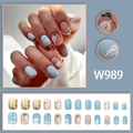 Short matte press-on nails with blue and nude hand-painted dove and floral spring designs - Peace Dove Artistic Style (W989 Glue Type)