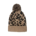 Bonnet en tricot léopard pour femme avec pompon moelleux et revers côtelé en marron - M (56-58cm) / Chameau
