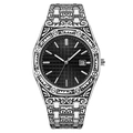 Men's octagonal silver watch with embossed tribal patterns and black textured dial - Black Dial Silver Case
